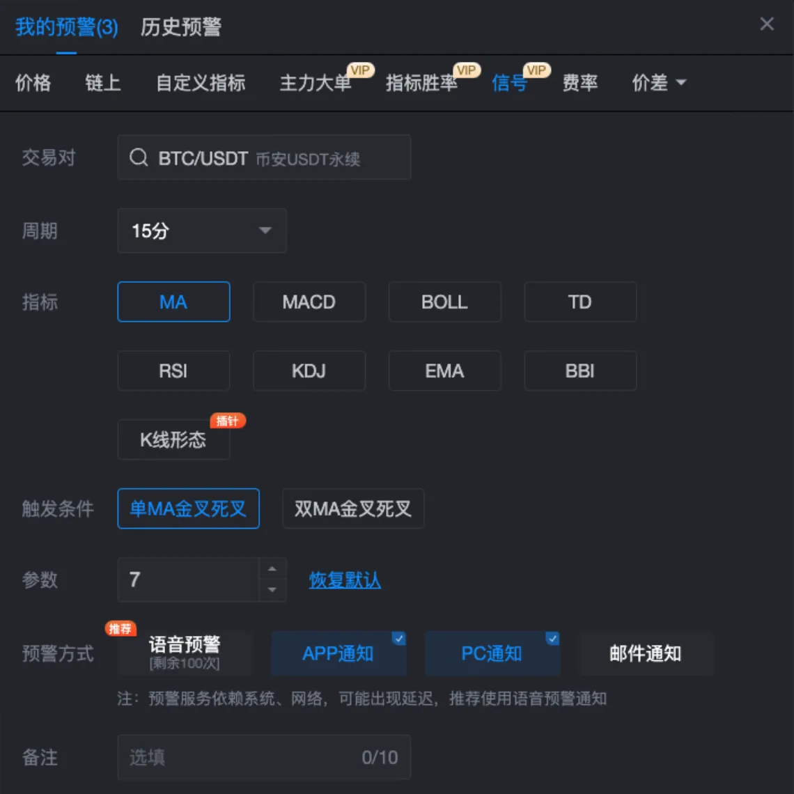 AiCoin multi-channel notification settings screen